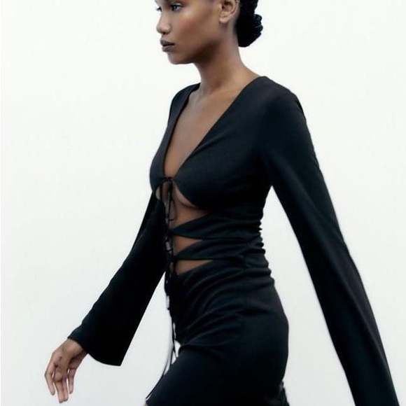 ZARA Cut-out Midriff Long sleeve Bodycon Mini dress in Black Size M NWT - Picture 3 of 11
